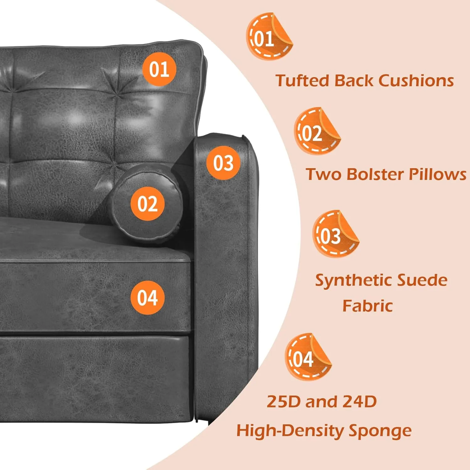 Esright Faux Leather Sofa, 84.2-Inch Mid Century Modern 3-Seater Couch with 2 Bolster Pillows, Large Gray Sofa for Living Room, Apartment, Office