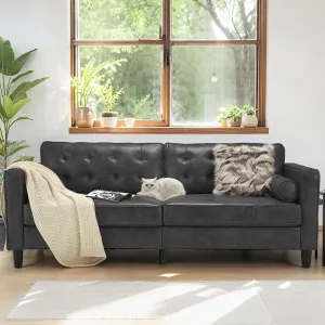 Esright Faux Leather Sofa, 84.2-Inch Mid Century Modern 3-Seater Couch with 2 Bolster Pillows, Large Gray Sofa for Living Room, Apartment, Office