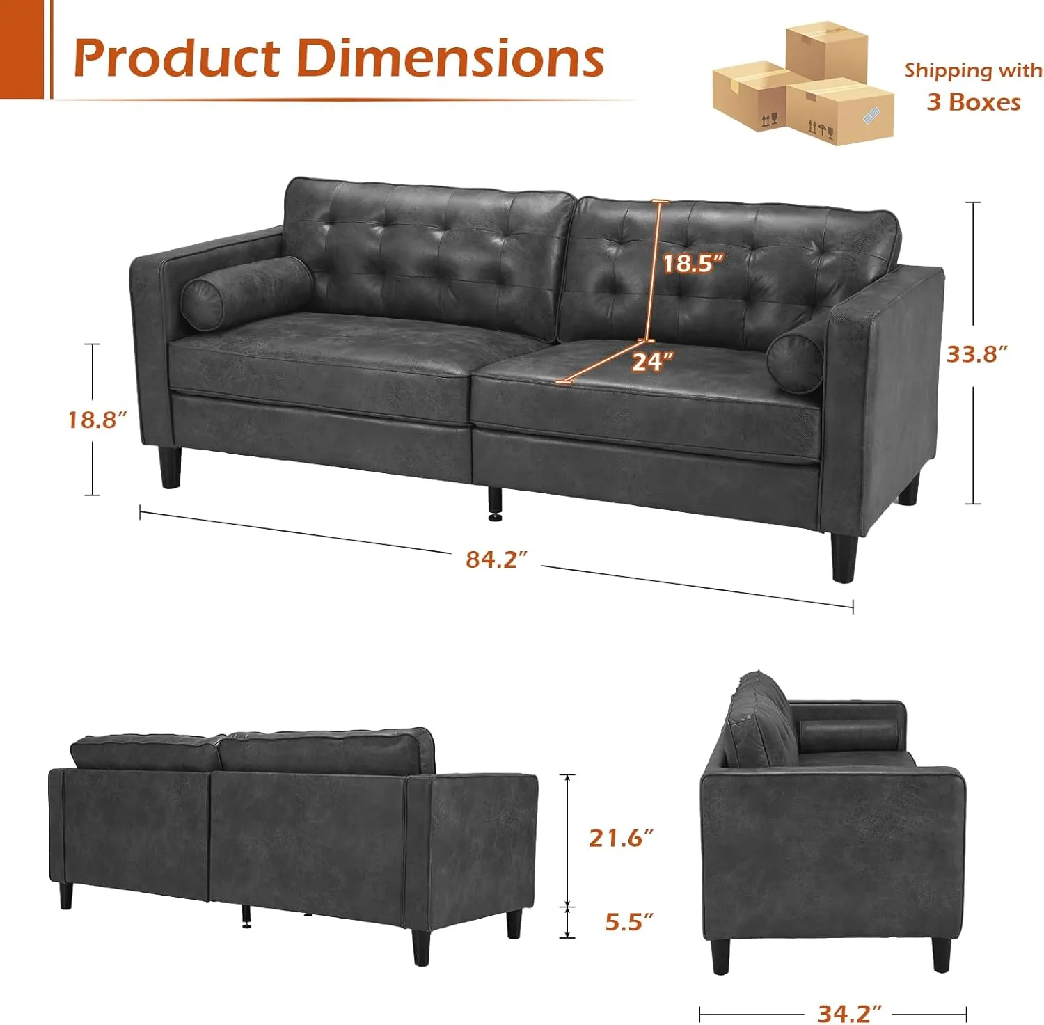 Esright Faux Leather Sofa, 84.2-Inch Mid Century Modern 3-Seater Couch with 2 Bolster Pillows, Large Gray Sofa for Living Room, Apartment, Office