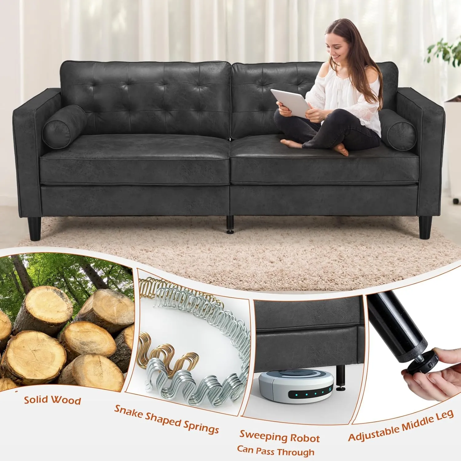 Esright Faux Leather Sofa, 84.2-Inch Mid Century Modern 3-Seater Couch with 2 Bolster Pillows, Large Gray Sofa for Living Room, Apartment, Office