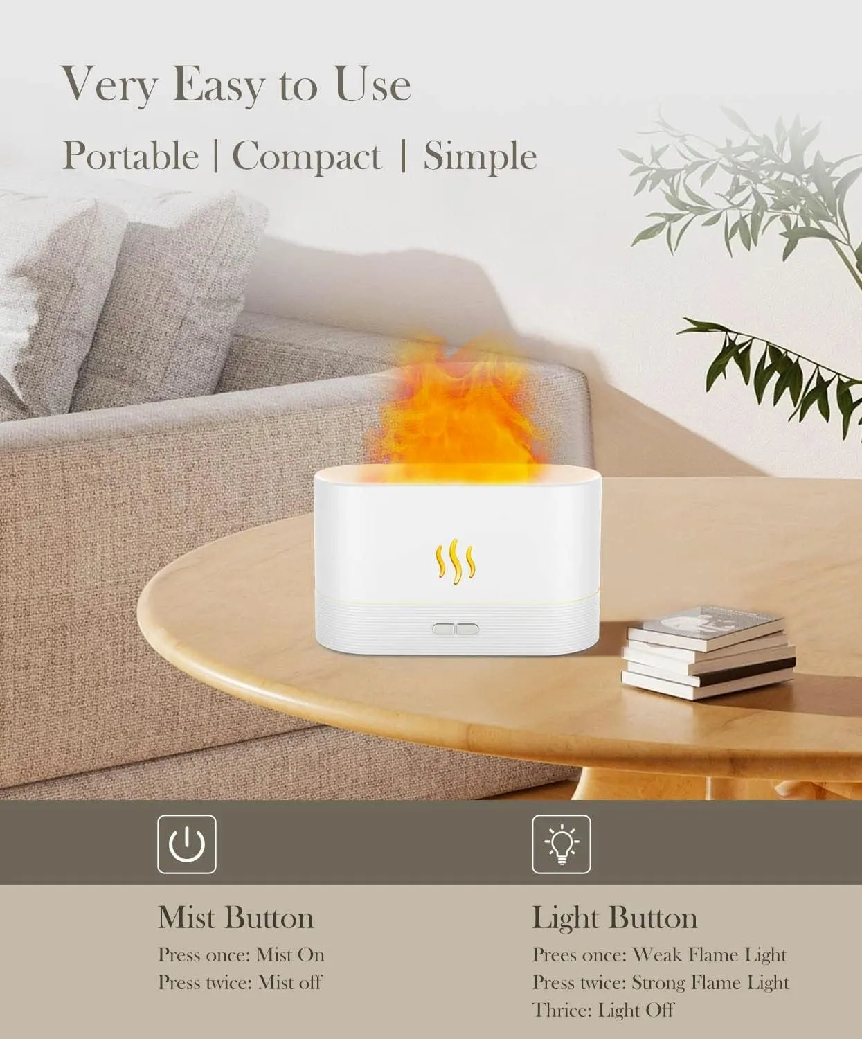 Essential Oil Diffuser Humidifer with Flame Light Effect, 180ml Air Diffuser for Essential Oils, Humidifiers for Bedroom with 2 Brightness, Auto-Off Function(White)