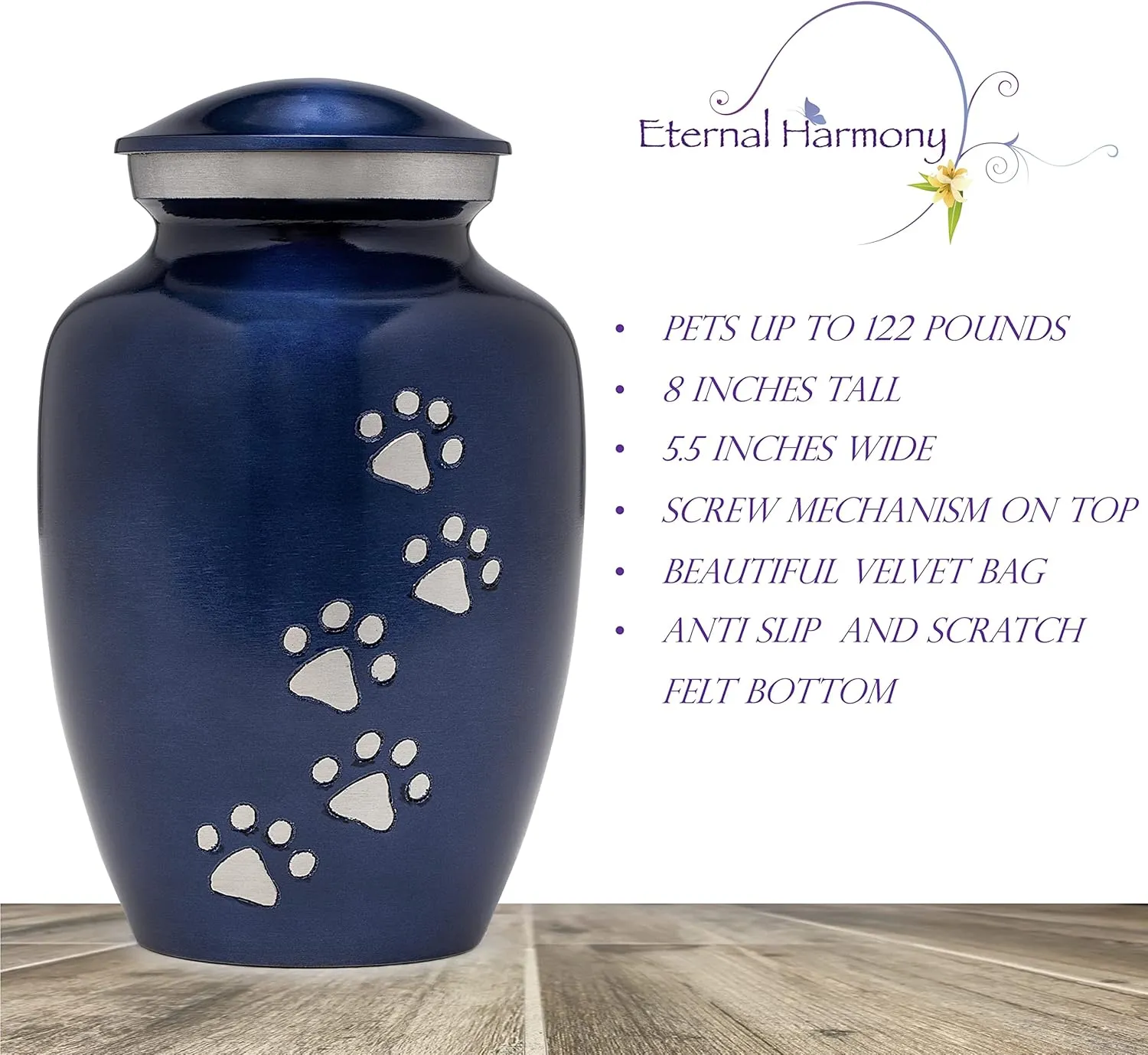 Eternal Harmony Large Pet Urns for Dogs with Secure Seal, Velvet Bag & Anti-Slip Felt Bottom, Animal Urn for Dog Ashes, Cat Ashes & Any Pet Up to 122 lbs (Blue, Large)