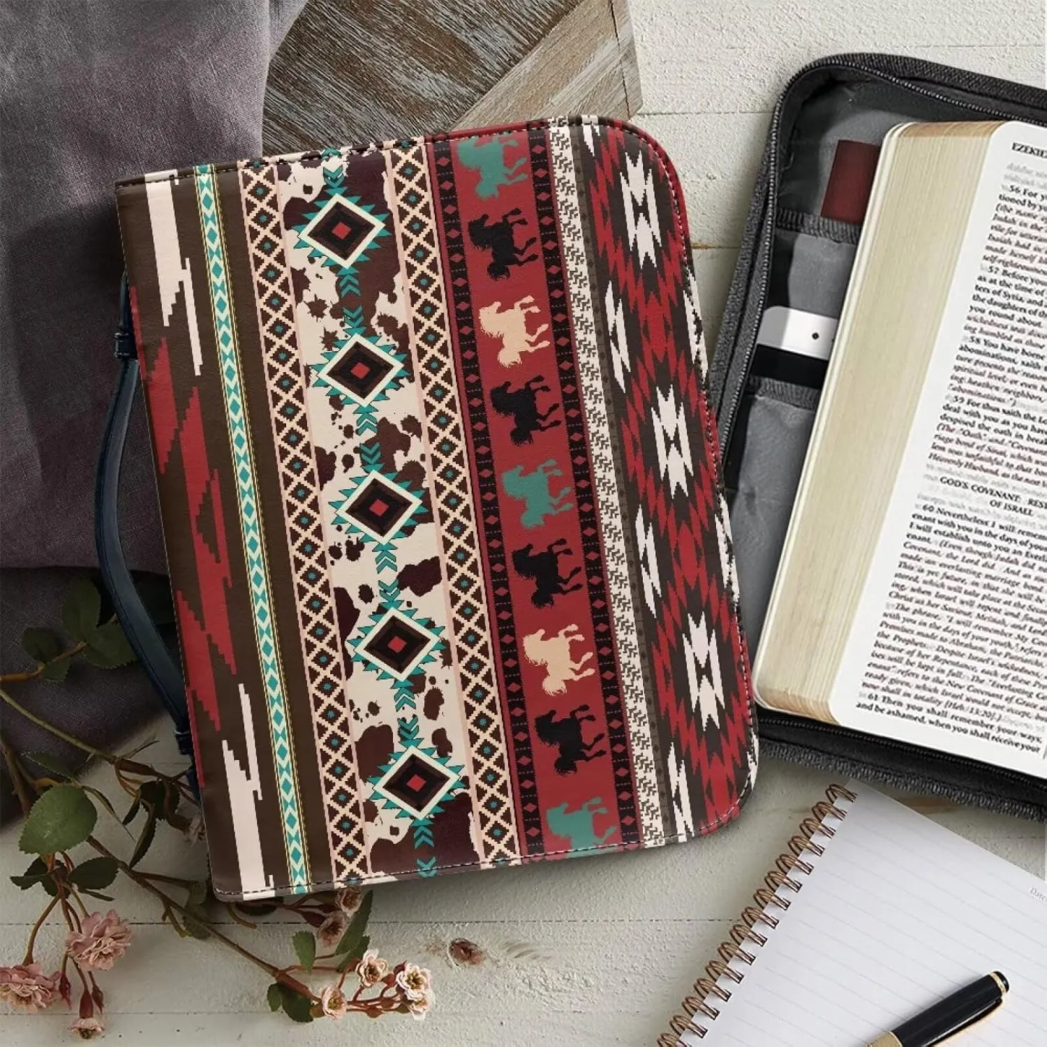 Ethnic Aztec Geometric Bible Covers Bible Book Carrier Bag With Zipper Bible Carrying Bag Large Medium Size PU Leather Bible Case Bible Bag Tote Book Carrying Case Christian Bible Accessories