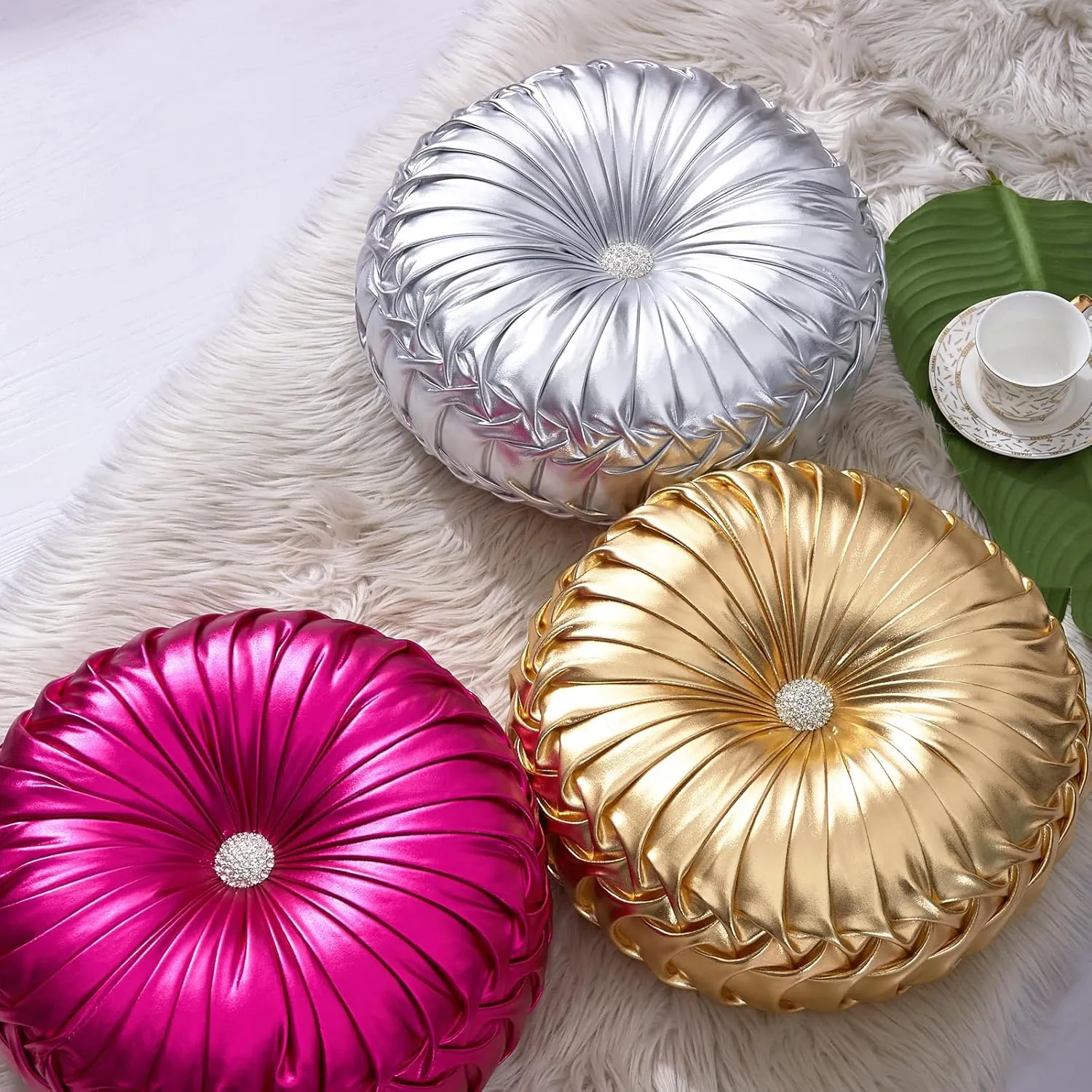EUCIOR Round Throw Pillows,Pumpkin Pleated Handmade Metallic Throw Pillows,Hot Pink Throw Pillow,Modern Leather Decorative Pillowcases for Home Decor Bedroom Living Room Couch Bed Sofa (Hot-Pink)