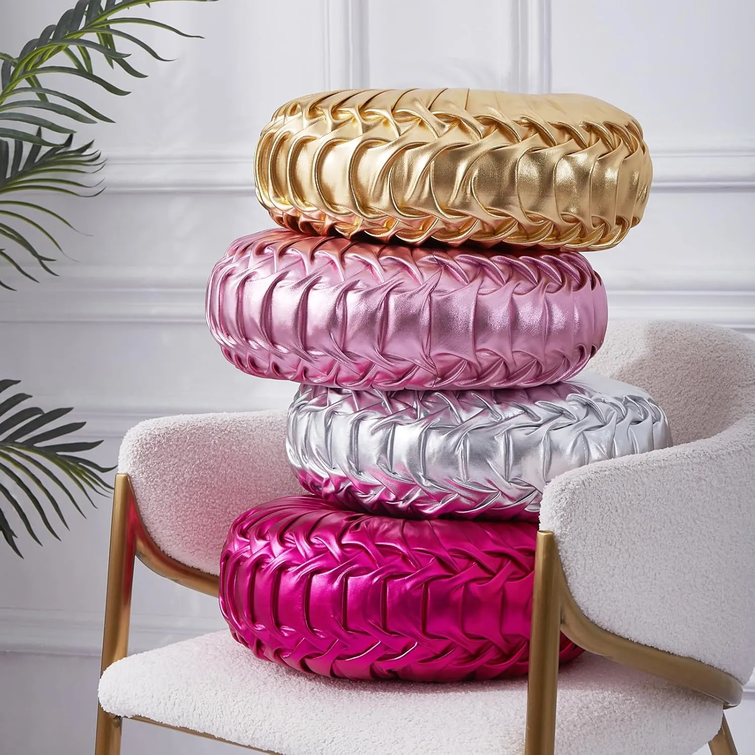EUCIOR Round Throw Pillows,Pumpkin Pleated Handmade Metallic Throw Pillows,Hot Pink Throw Pillow,Modern Leather Decorative Pillowcases for Home Decor Bedroom Living Room Couch Bed Sofa (Hot-Pink)