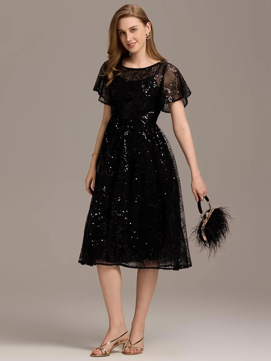 Ever-Pretty Women's Classic Sequin Round Neck Ruffled Short Sleeves A-Line Wedding Guest Dress 02364