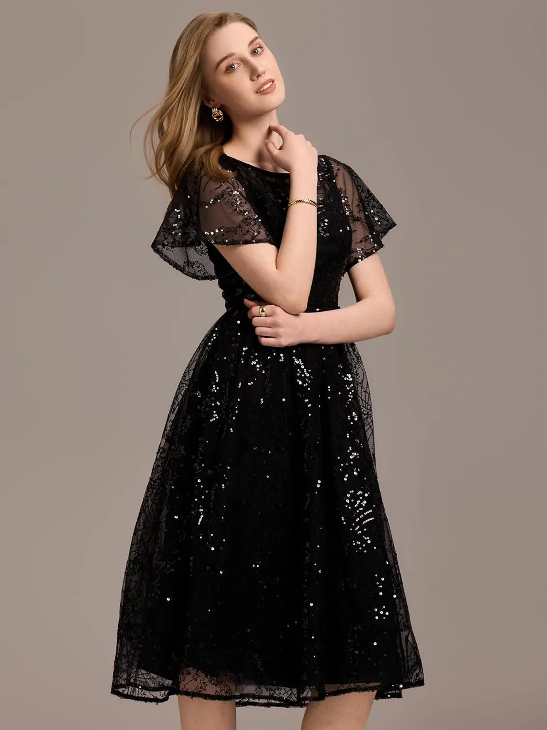 Ever-Pretty Women's Classic Sequin Round Neck Ruffled Short Sleeves A-Line Wedding Guest Dress 02364
