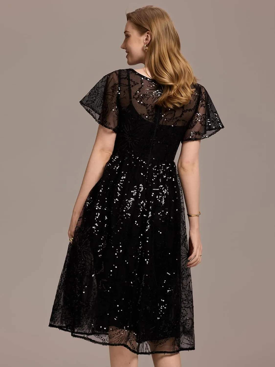 Ever-Pretty Women's Classic Sequin Round Neck Ruffled Short Sleeves A-Line Wedding Guest Dress 02364