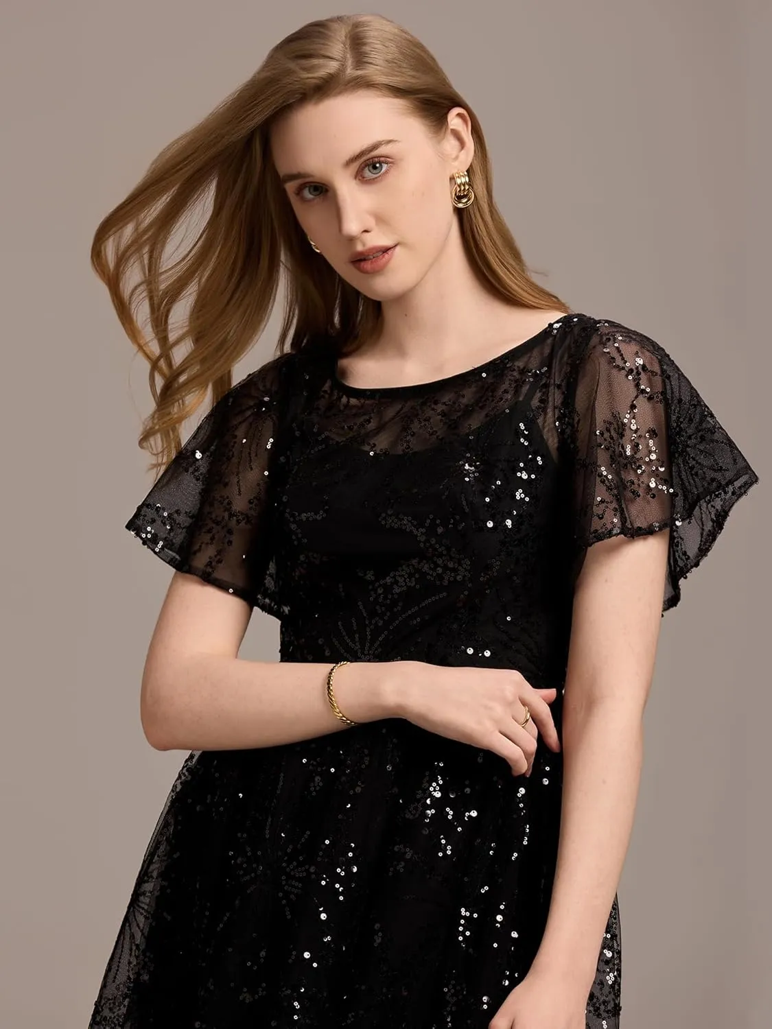 Ever-Pretty Women's Classic Sequin Round Neck Ruffled Short Sleeves A-Line Wedding Guest Dress 02364