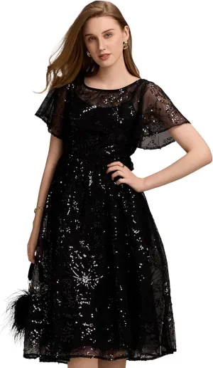 Ever-Pretty Women's Classic Sequin Round Neck Ruffled Short Sleeves A-Line Wedding Guest Dress 02364