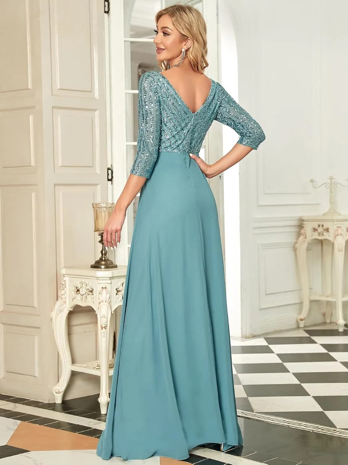 Ever-Pretty Women's Elegant Formal Dress V-Neck Long Sleeve Sequin Maxi Chiffon Evening Dresses 00751