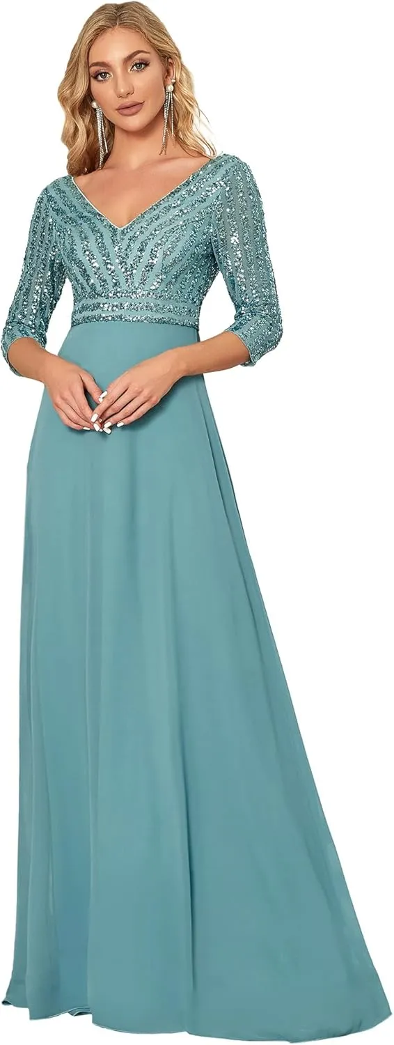 Ever-Pretty Women's Elegant Formal Dress V-Neck Long Sleeve Sequin Maxi Chiffon Evening Dresses 00751