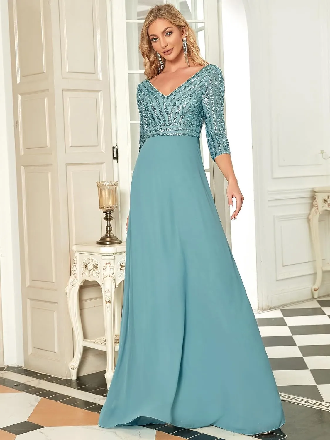 Ever-Pretty Women's Elegant Formal Dress V-Neck Long Sleeve Sequin Maxi Chiffon Evening Dresses 00751