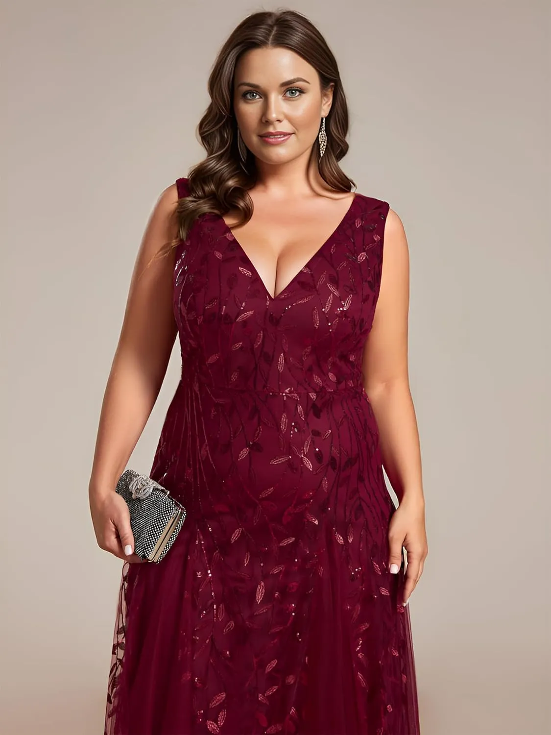 Ever-Pretty Womens Plus Size V Neck A-line Sleeveless Sequin Emboridery Formal Dresses