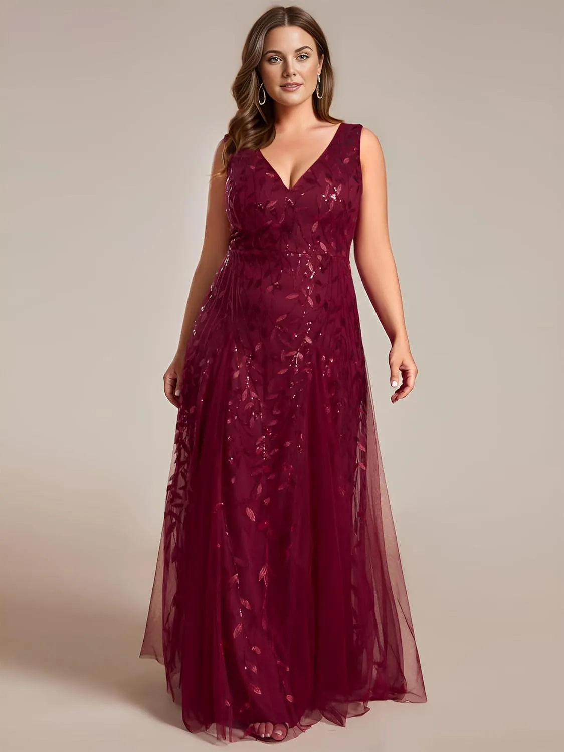 Ever-Pretty Womens Plus Size V Neck A-line Sleeveless Sequin Emboridery Formal Dresses