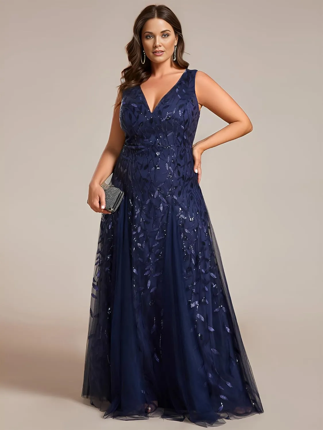 Ever-Pretty Womens Plus Size V Neck A-line Sleeveless Sequin Emboridery Formal Dresses