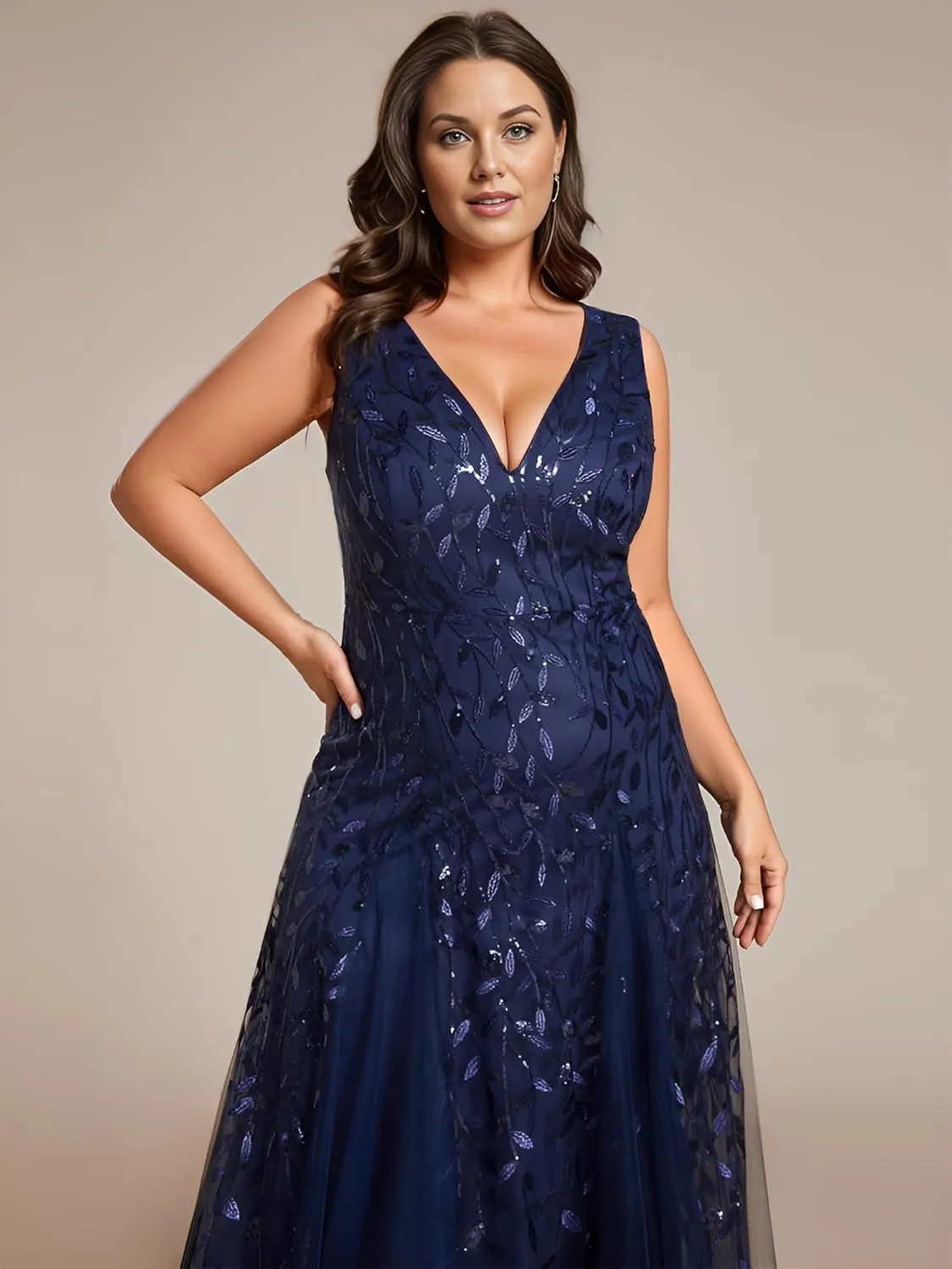 Ever-Pretty Womens Plus Size V Neck A-line Sleeveless Sequin Emboridery Formal Dresses