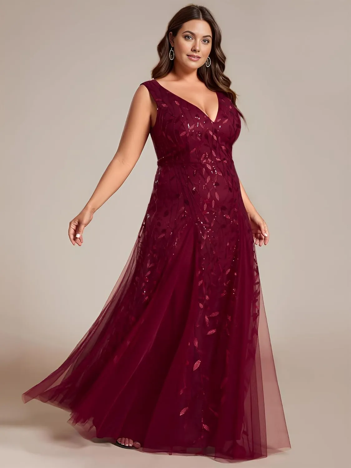 Ever-Pretty Womens Plus Size V Neck A-line Sleeveless Sequin Emboridery Formal Dresses