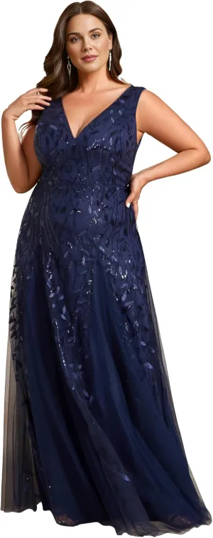 Ever-Pretty Womens Plus Size V Neck A-line Sleeveless Sequin Emboridery Formal Dresses