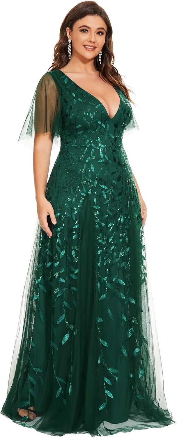 Ever-Pretty Womens Plus Size V-Neck Sequin Emboridery Formal Evening Dresses with Sleeves 00736-DA