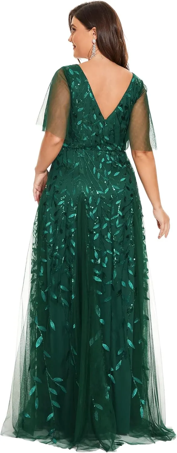 Ever-Pretty Womens Plus Size V-Neck Sequin Emboridery Formal Evening Dresses with Sleeves 00736-DA
