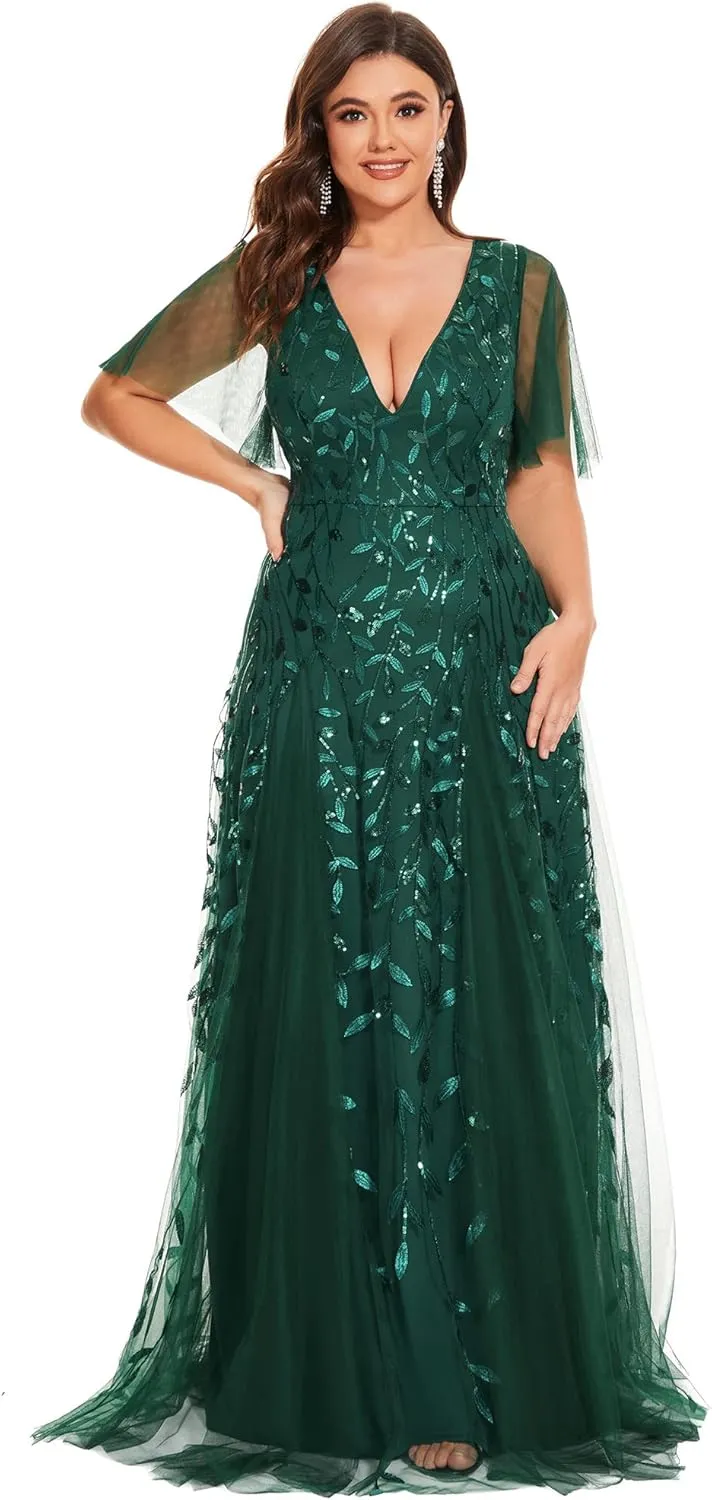 Ever-Pretty Womens Plus Size V-Neck Sequin Emboridery Formal Evening Dresses with Sleeves 00736-DA