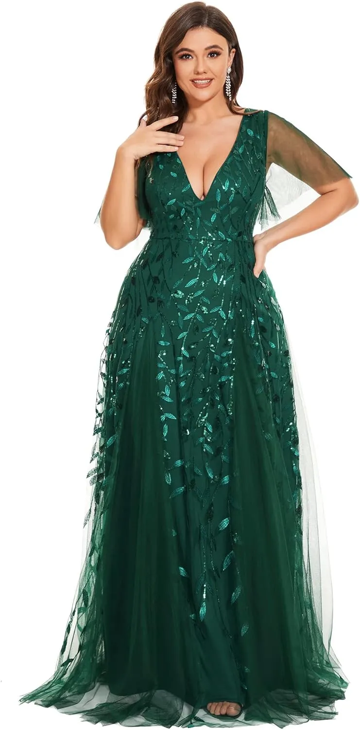 Ever-Pretty Womens Plus Size V-Neck Sequin Emboridery Formal Evening Dresses with Sleeves 00736-DA