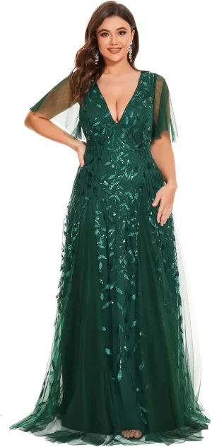 Ever-Pretty Womens Plus Size V-Neck Sequin Emboridery Formal Evening Dresses with Sleeves 00736-DA
