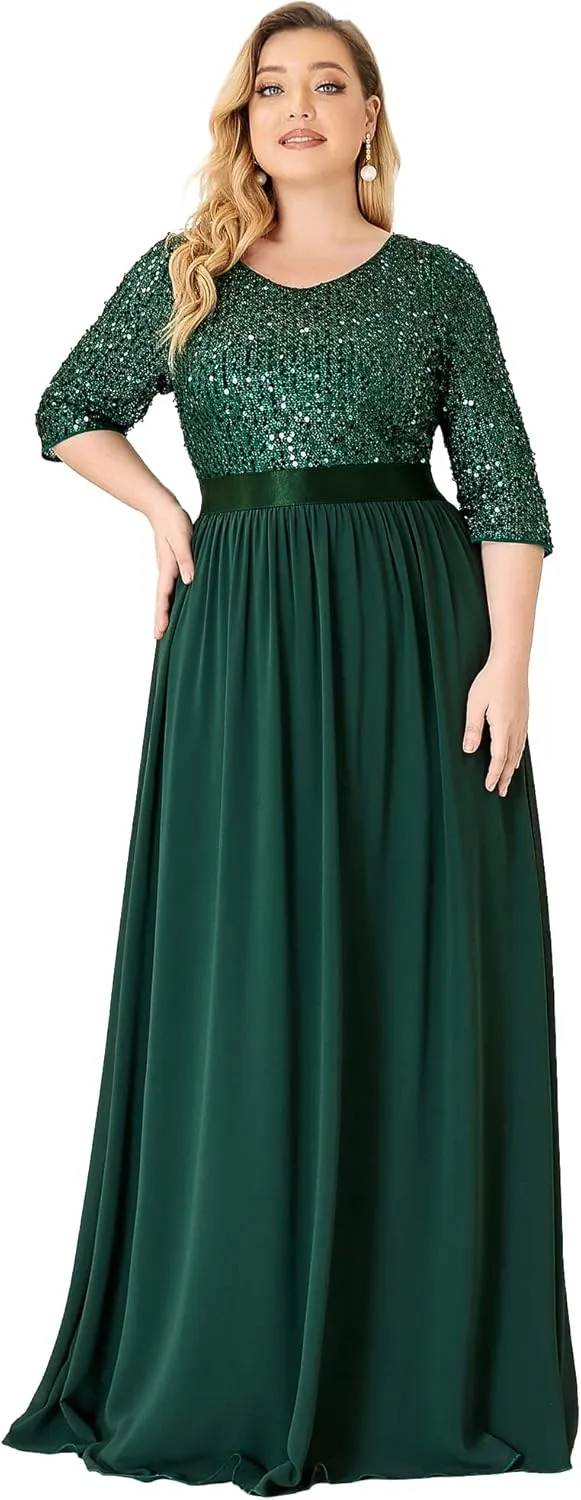 Ever-Pretty Women's Round Neck Maxi Dresses Sequin Plus Size Formal Dresses for Women 0683-PZ