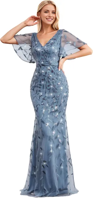 Ever-Pretty Women's Ruffles Sleeves Sequin Embroidery Evening Mother of The Bride Dress 00692