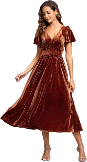 Ever-Pretty Women's V Neck A Line Velvet Midi Dress Flutter Sleeve Ruched Bridesmaid Cocktail Party Dress