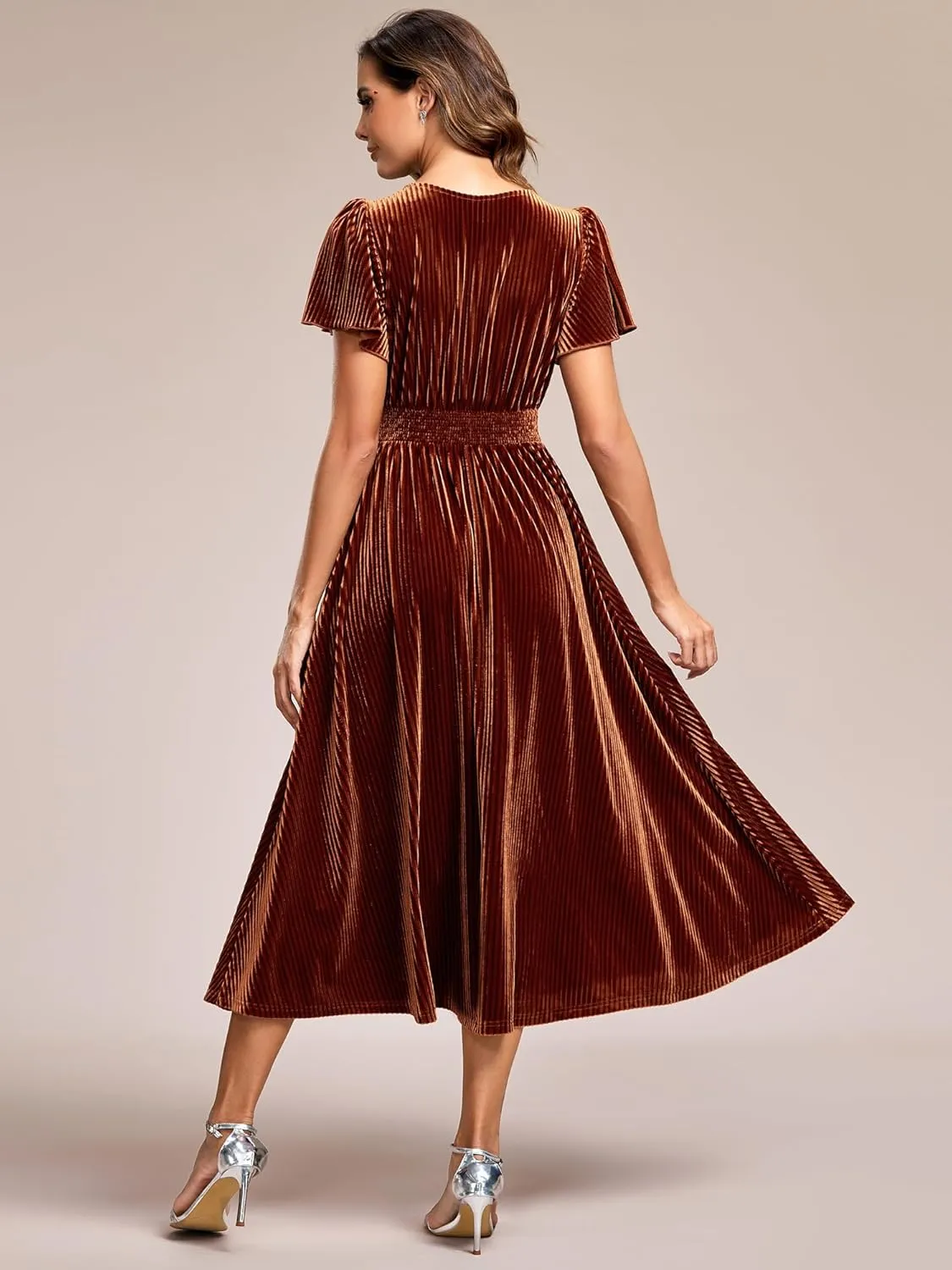 Ever-Pretty Women's V Neck A Line Velvet Midi Dress Flutter Sleeve Ruched Bridesmaid Cocktail Party Dress