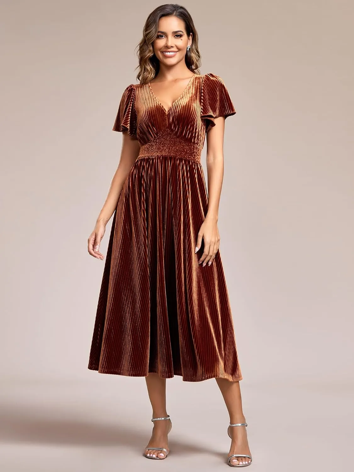 Ever-Pretty Women's V Neck A Line Velvet Midi Dress Flutter Sleeve Ruched Bridesmaid Cocktail Party Dress