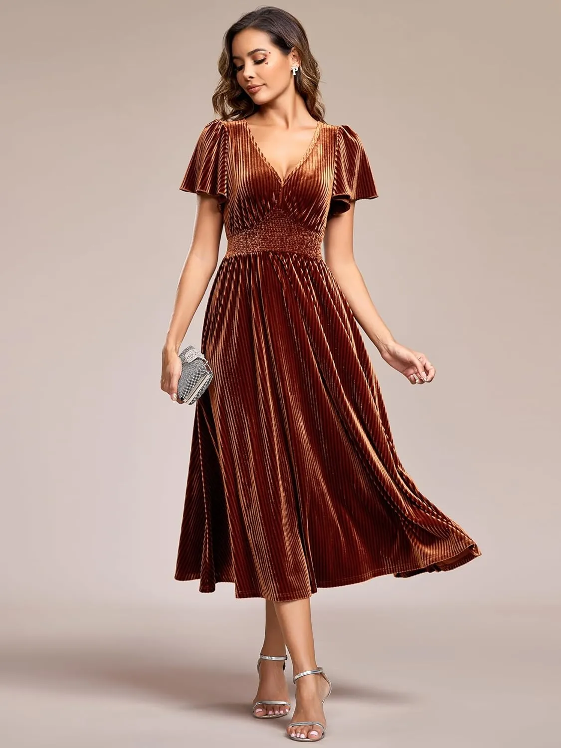 Ever-Pretty Women's V Neck A Line Velvet Midi Dress Flutter Sleeve Ruched Bridesmaid Cocktail Party Dress