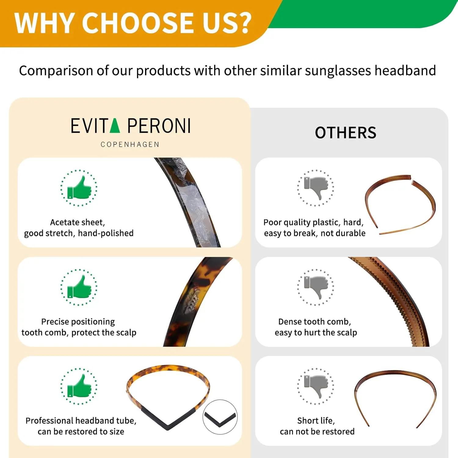EVITA PERONI Hair Band for Eyewear, No Pressure, No Headache, Comfortable Headbands for Women - Orange (Acetate Resin, 1 Count, Women, Hairband)