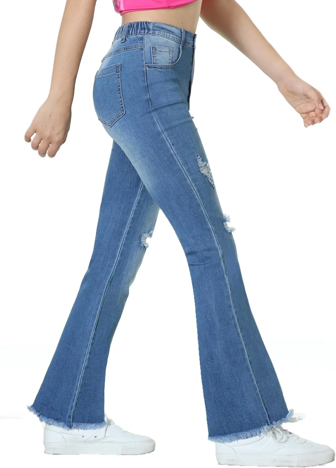 EXARUS Girls Jeans Pants Wide Leg/Flare/Skinny Denim Pant Ripped High Waist Elastic Band Casual with Pockets Kids 6-14Y