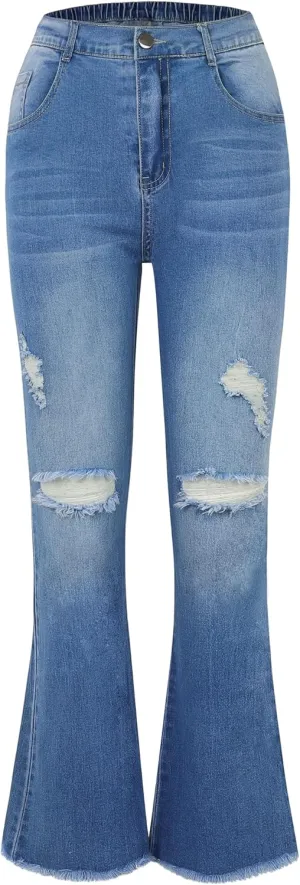 EXARUS Girls Jeans Pants Wide Leg/Flare/Skinny Denim Pant Ripped High Waist Elastic Band Casual with Pockets Kids 6-14Y