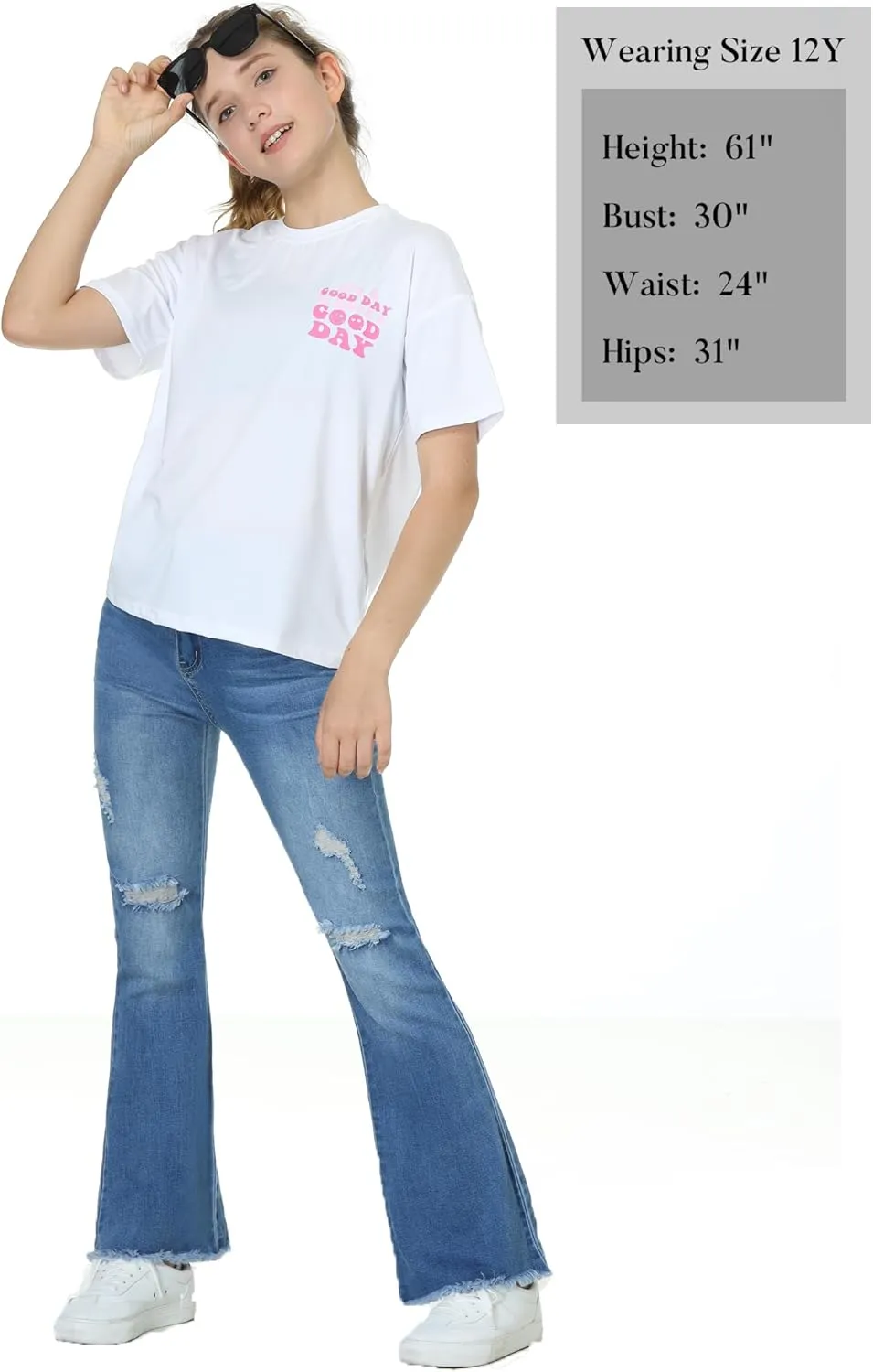 EXARUS Girls Jeans Pants Wide Leg/Flare/Skinny Denim Pant Ripped High Waist Elastic Band Casual with Pockets Kids 6-14Y