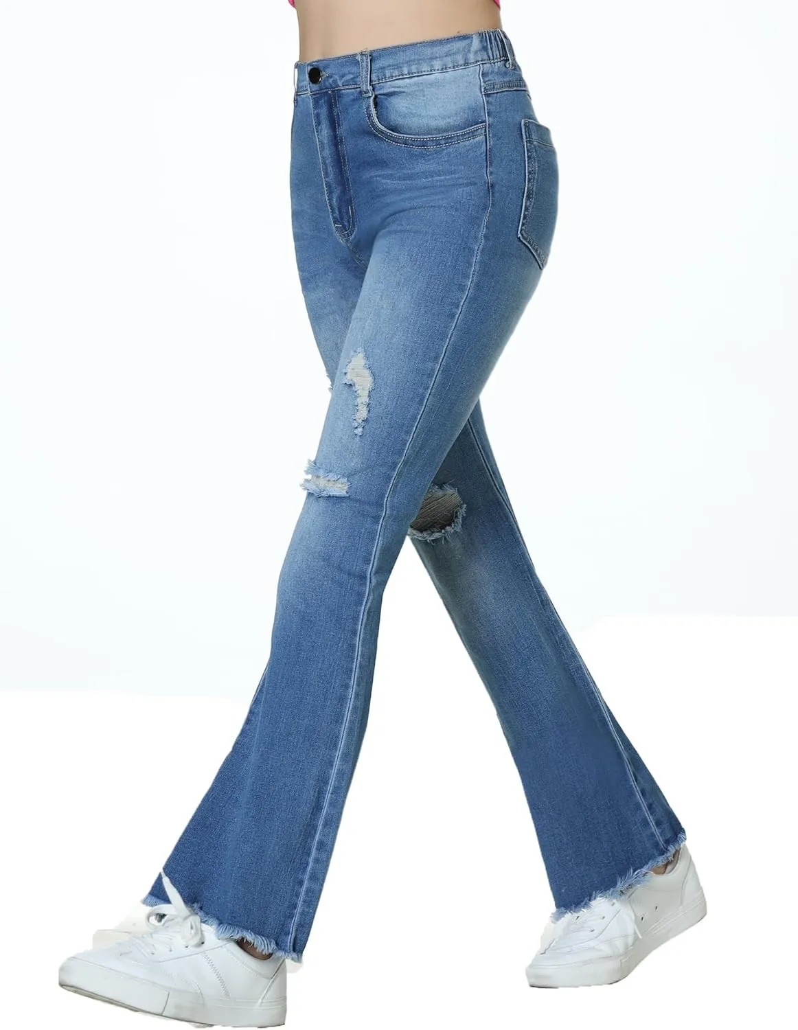 EXARUS Girls Jeans Pants Wide Leg/Flare/Skinny Denim Pant Ripped High Waist Elastic Band Casual with Pockets Kids 6-14Y