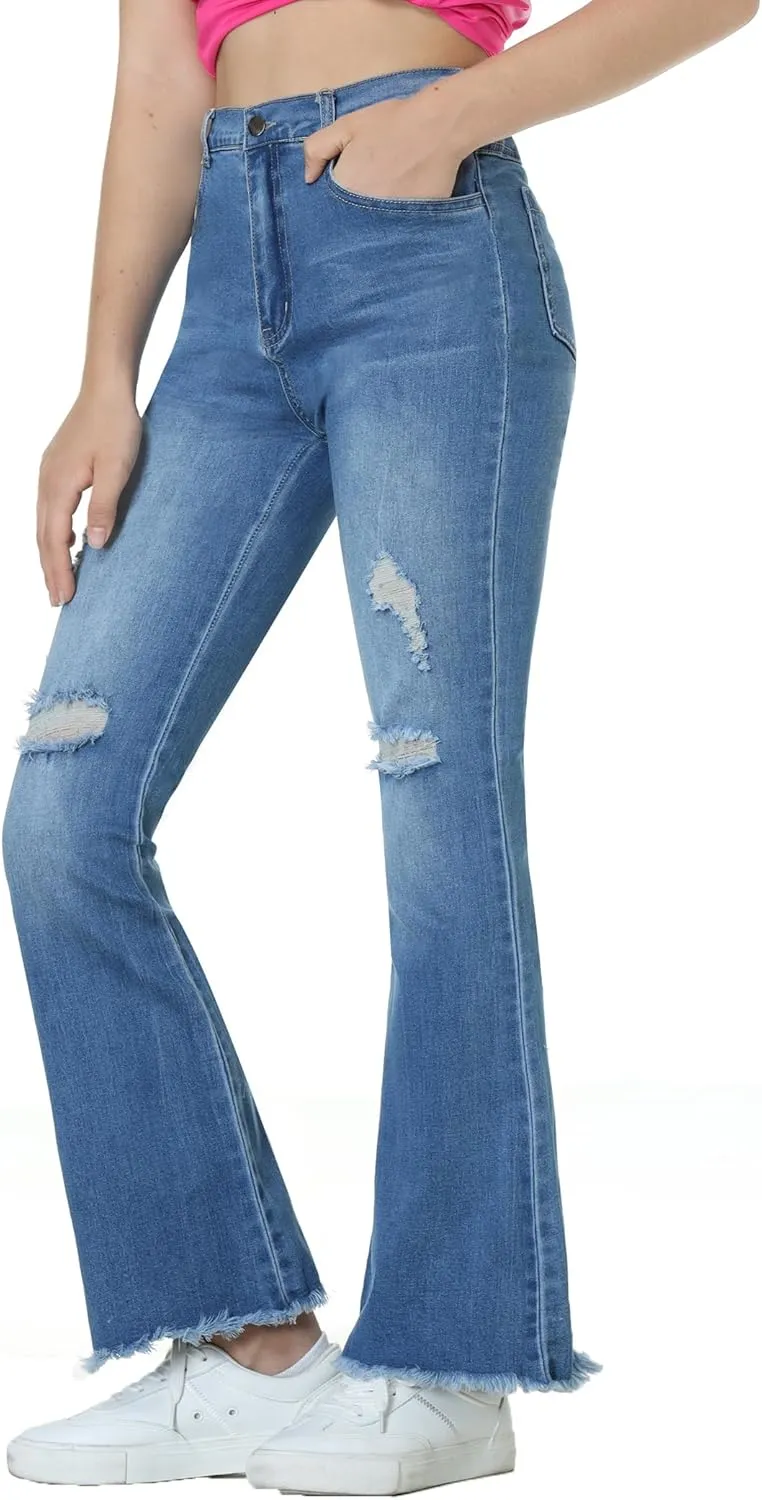 EXARUS Girls Jeans Pants Wide Leg/Flare/Skinny Denim Pant Ripped High Waist Elastic Band Casual with Pockets Kids 6-14Y