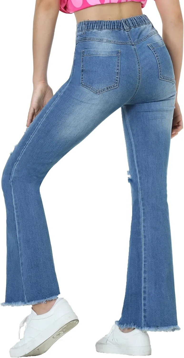 EXARUS Girls Jeans Pants Wide Leg/Flare/Skinny Denim Pant Ripped High Waist Elastic Band Casual with Pockets Kids 6-14Y