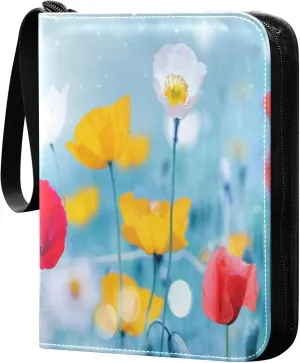 Exnundod 4 Pocket Trading Card Binder Beautiful Colorful Flower, PU Leather Card Collection Binder Spring Poppy 400 Cards Organizer Binder Collectible Trading Card Albums for Sports Game Card