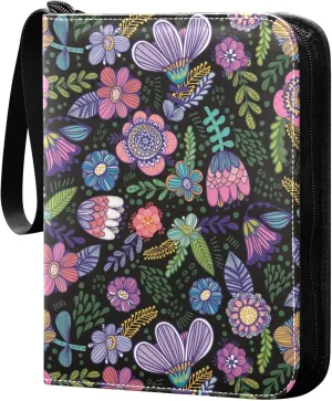 Exnundod 4 Pocket Trading Card Binder Beautiful Floral Sping PU Leather Card Collection Binder Colorful Flowers Summer 400 Cards Organizer Binder Collectible Trading Card Albums for Sports Game Card