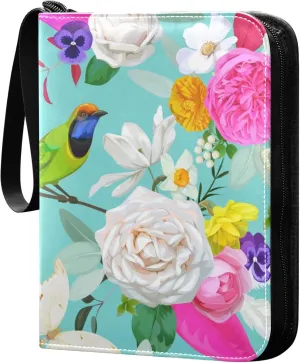 Exnundod 4 Pocket Trading Card Binder Colorful Bohemia Flowers, PU Leather Card Collection Binder Birds Floral Spring 400 Cards Organizer Binder Collectible Trading Card Albums for Sports Game Card