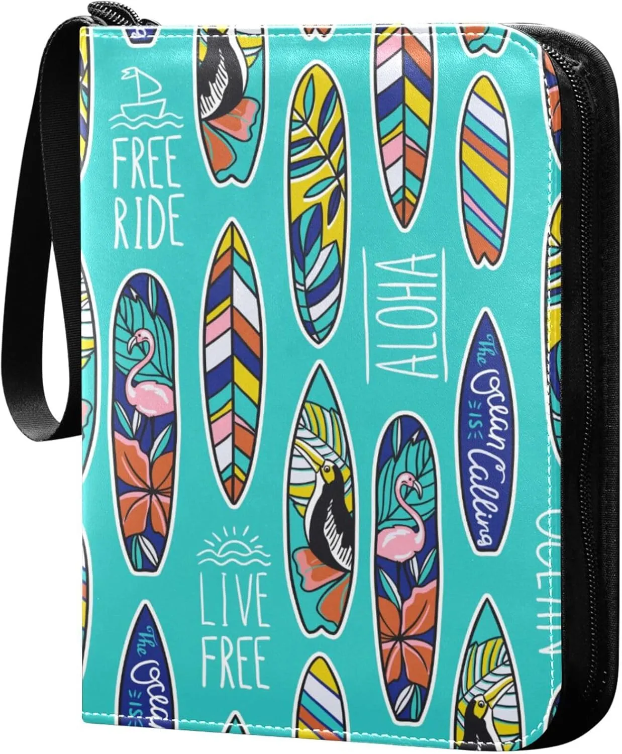Exnundod 4 Pocket Trading Card Binder Colorful Summer Surfboards PU Leather Card Collection Binder Aloha Live Free Sports Card Binder 400 Cards Organizer Trading Card Albums for Cards