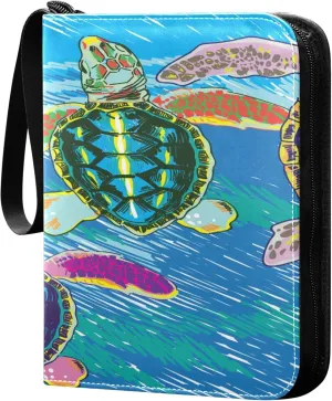 Exnundod 4 Pocket Trading Card Binder Little Sea Turtles PU Leather Card Collection Binder Colorful Tuetles Sports Card Binder 400 Cards Organizer Trading Card Albums for Cards