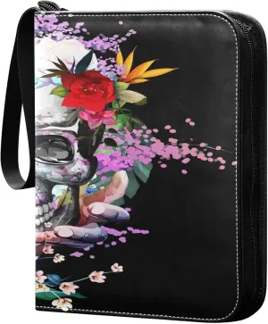 Exnundod 4 Pocket Trading Card Binder Vintage Skull Floral, PU Leather Card Collection Binder Spring Colorful Flowers 400 Cards Organizer Binder Collectible Trading Card Albums for Sports Game Card