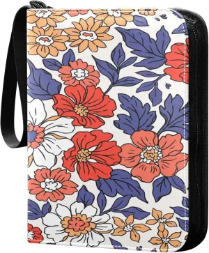 Exnundod Beautiful Vintage Floral Pattern Trading Card Binder for Cards, Colorful Flowers Card Album 4-Pockets for 400 Cards with Removable Sleeves PU Baseball Card Holder Football Sports Card Collec