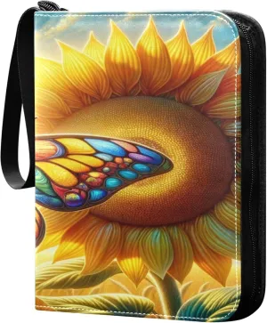 Exnundod Colorful Butterfly Sunflower Trading Card Binder for Cards, Card Album 4-Pockets for 400 Cards with Removable Sleeves PU Baseball Card Holder Football Sports Card Collection