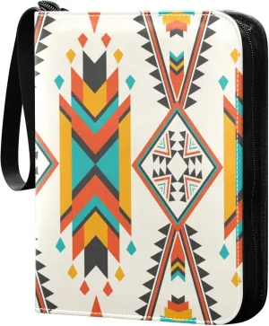 Exnundod Colorful Geometric Ethnic Trading Card Binder for Cards, Flower Oriental Card Album 4-Pockets for 400 Cards with Removable Sleeves PU Baseball Card Holder Football Sports Card Collection